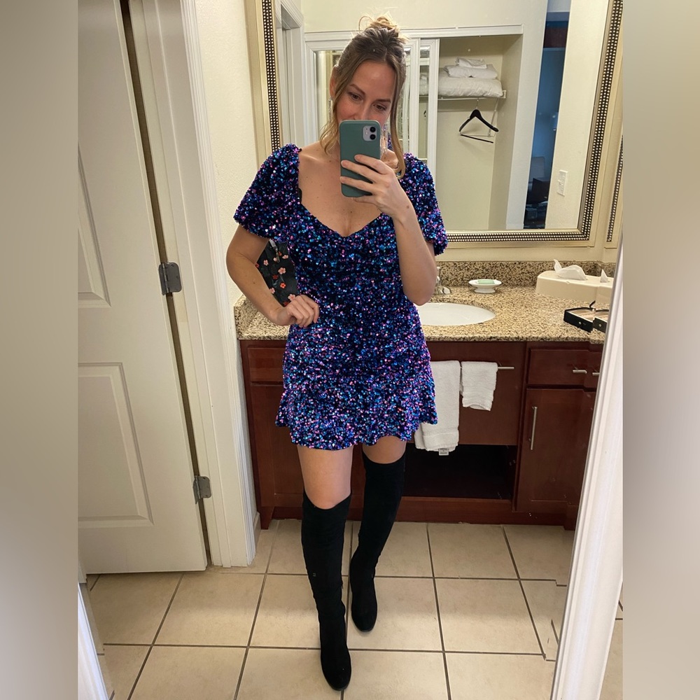 ZARA Sequin Festive Puff Sleeve Dress